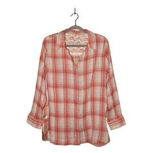 SOFT SURROUNDINGS $89 Lani Shores Guaze Cotton Plaid Lace Button-Up Tunic Large